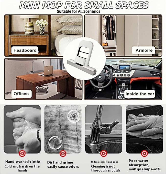 2-in-1 Self-Squeeze Portable Mop: 2 Extra Sponge Heads for Bathroom Corners, Kitchen Tiles, Car & RV Cleaning - Compact Travel Mop(Black)