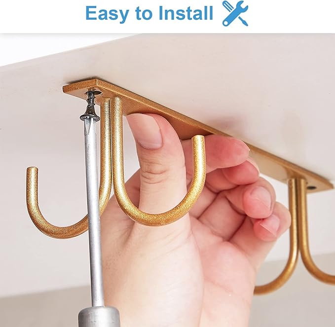 Mug Rack Under Cabinet - Coffee Cup Holder, 12 Mugs Hooks Under Shelf, Display Hanging Cups Drying Hook for Bar Kitchen Utensils Gold