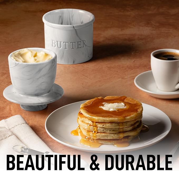 Zulay Kitchen Porcelain Butter Crock With Lid & Knife - Authentic French Butter Dish For Fresh & Spreadable Butter - Marble