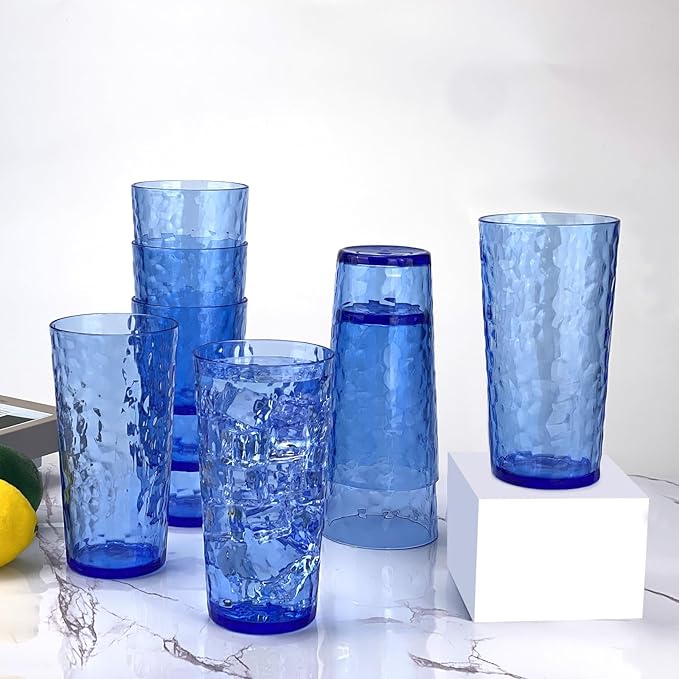 Yalin 24-Ounce Plastic Tumbler Acrylic Drinking Glasses, Reusable Plastic Cups, Stackable, BPA-Free, Shatter Proof, Dishwasher Safe, Set of 8 (Blue)