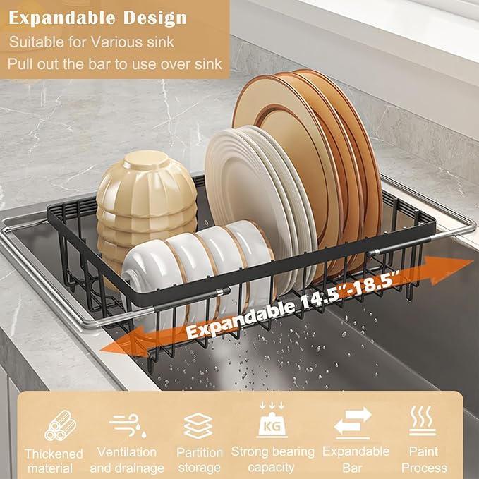 Dish Drying Rack with Detachable Drainboard – Expandable Over Sink Dish Rack, Dish Dryer Rack for Inside Sink,Countertop Dish Drainer with Utensil Holder