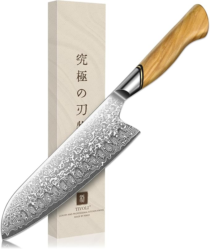 TIVOLI Damascus Santoku Knife 7 inch – Japanese VG-10 Professional Kitchen Knife for Meat and Vegetables with Ergonomic Olive Wood Handle, Gift Box Included, Ideal Gift