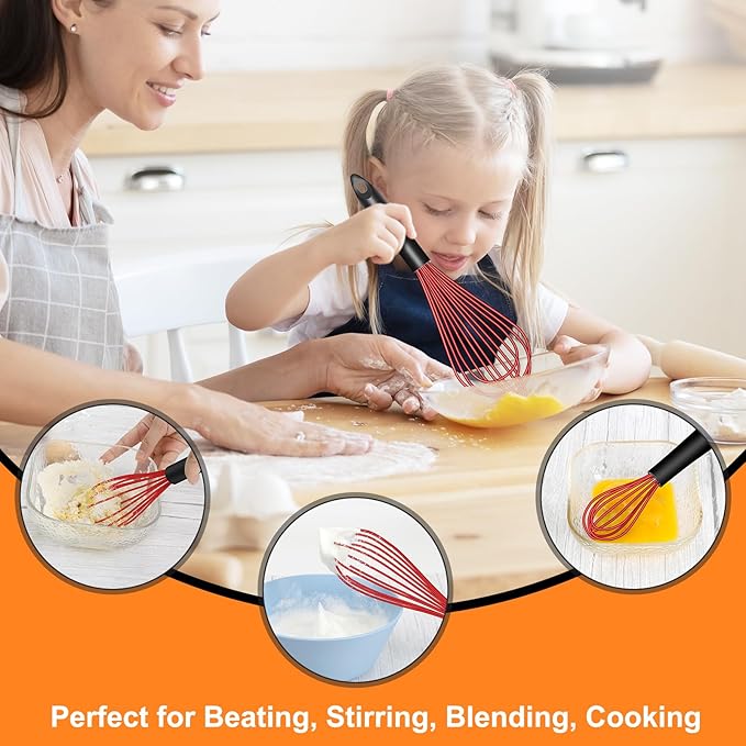 HOTEC 4 Pieces Silicone Whisks Set, Wire Balloon Whisks Egg Beater, Non-slip Handle Whisk for Non-stick Cookware Perfect for Cooking, Stirring, Beating and Blending (Red)