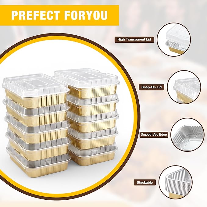 Aluminum Foil Pans with Lids,Heavy Duty Aluminum Pan, Disposable Aluminum Pans,Gold Foil Pans, Deep Container for Heating,Baking,Cooking,BBQs,Parties,Storing,Catering (40.5oz 15 Pack w/Lids)