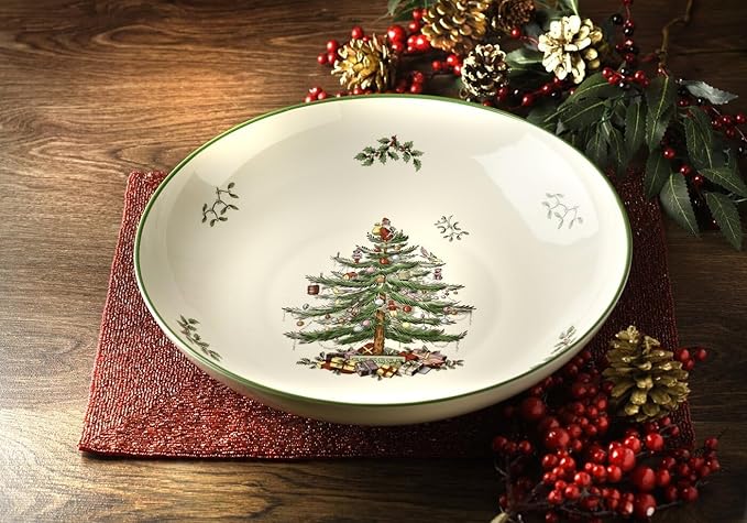 Spode Christmas Tree Collection Pasta Bowl - Large 13-Inch Serving Bowl, Dishwasher, Microwave, and Freezer Safe, Made of Porcelain, Serveware, Christmas Tree Design, Green/Beige