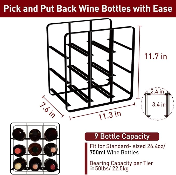 Buruis 9-Bottle Metal Wine Rack, Freestanding Holder Organizer for Red and White Wine, Kitchen Countertop, Pantry, No Assembly Required, Black