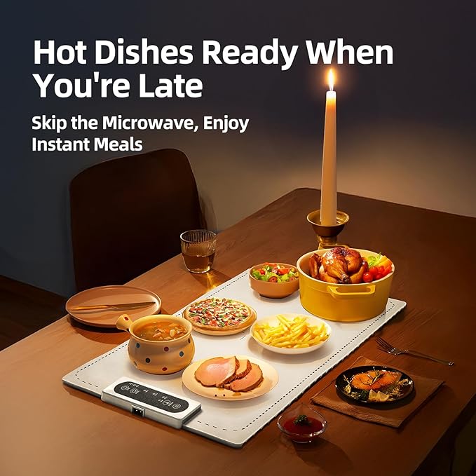 Food Warming Mat Electric Heating Tray for Buffets and Parties 3 Adjustable Temperature Settings from 40 to104 Degrees Fast Heating in 10 Seconds Child Safety Lock Easy to Clean (White)