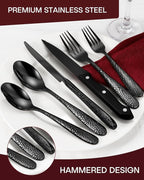 Hammered Black Silverware Set, EUIRIO 24 Pieces Cutlery Sets for 4, Heavy Duty Stainless Steel Flatware, Food-Grade Utensil Sets Includes Spoons Forks and Knives, Mirror Finish Dishwasher Safe