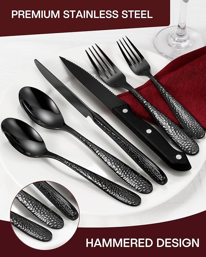 Hammered Black Silverware Set, EUIRIO 48 Pieces Flatware Set for 8, Heavy Duty Stainless Steel Cutlery, Food-Grade Utensil Sets Includes Spoons Forks and Knives, Mirror Finish Dishwasher Safe