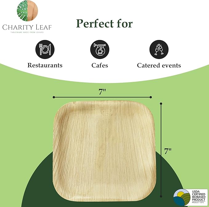 Disposable Palm Leaf 7" Square Plates (200 pieces) Bamboo Like Serving Platters, Disposable Boards, Eco-Friendly Dinnerware For Weddings, Catering, Events