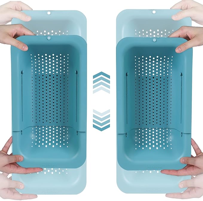 BLUE GINKGO Sink Colander Baskets - (Pack of 2) Wash Vegetables and Fruits, Drain Cooked Pasta and Dry Dishes - Extendable - New Home Kitchen Essentials (2 Teal)