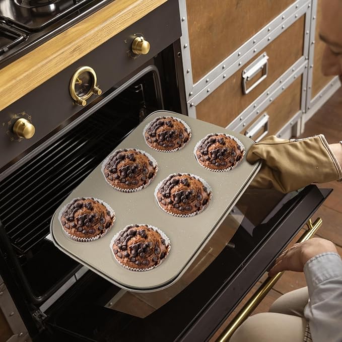 2 Packs Round Muffin Baking Pan, Premium Steel Muffin Pan for Baking, Nonstick Cupcake Tin Cheesecake Pans, Bakeware Muffin Top Pan (6 Cups, Golden)