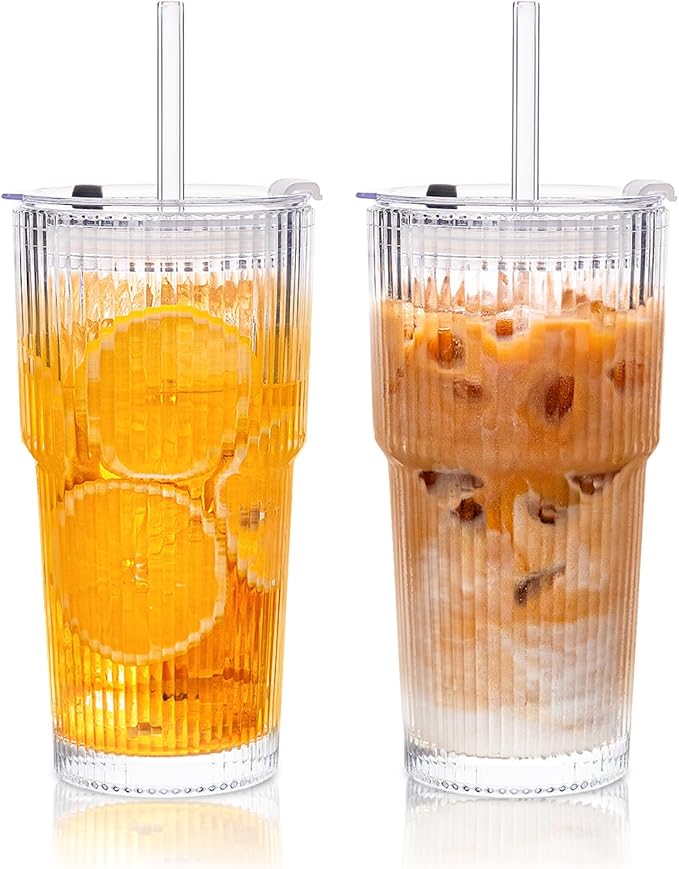 KEMORELA 2-Pack Ribbed Glass Tumblers with Lids & Straws – Vintage Iced Coffee Cups, Reusable Smoothie & Cocktail Drinking Glasses, Clear Glassware for Home or Cafe