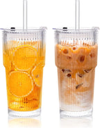 KEMORELA 2-Pack Ribbed Glass Tumblers with Lids & Straws – Vintage Iced Coffee Cups, Reusable Smoothie & Cocktail Drinking Glasses, Clear Glassware for Home or Cafe