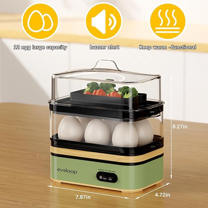 Evoloop Rapid Egg Cooker Electric 12 Eggs Capacity, Soft, Medium, Hard Boiled, Poached, Omelet Maker Egg Poacher & Vegetable Steamer, BPA Free Tray（Green）