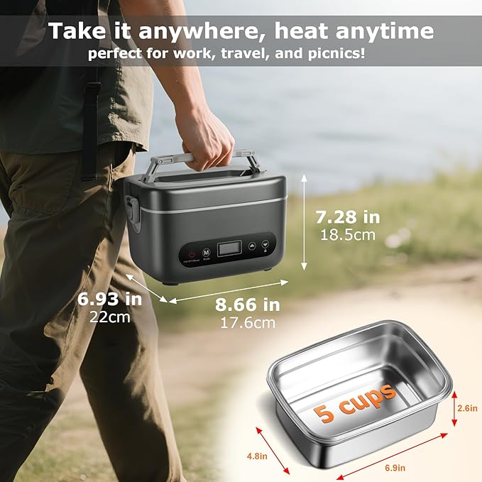 1.2L Cordless Electric Lunch Box – 20000mAh Rechargeable Portable Food Warmer with 5-Sided Heating, Auto Temperature Control, Leakproof & BPA-Free – Perfect for Office, Truck, Outdoors