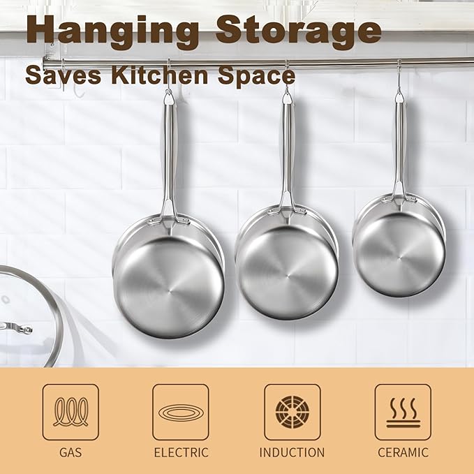 2.5 Quart Triple Stainless Steel Saucepan with Lid, Ramen Pot with Clear Glass Cover, Small Sauce Pan for Cooking Oatmeal, Induction-Ready, Dishwasher-Safe, Suitable for All Stoves