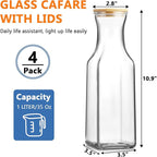 Set of 4 Square Glass Carafe, 1 Liter Beverage Serveware Carafe with Bamboo Lid, Water Bottles, Clear Glass Pitchers for Mimosa Bar, Milk, Juice, Lemonade(4 Bottles)