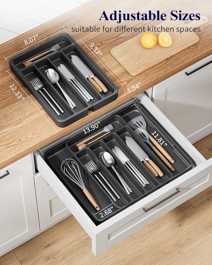 Kitsure Cutlery Drawer Organiser for Kitchen - Adjustable Cutlery Tray for Effortless Utensil Sorting, Versatile Kitchen Storage & Organisation Solution, 12.13" x 1.54" x 8.07"~13.90", Black