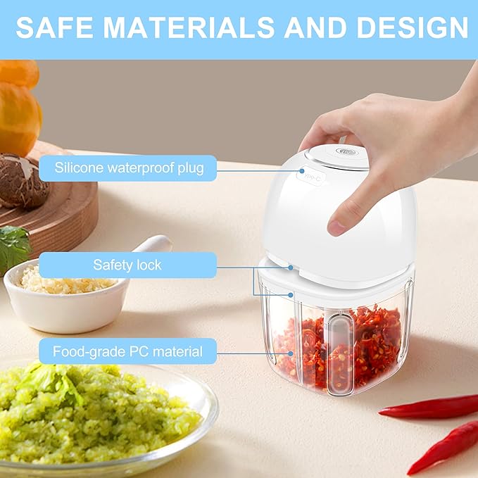 350ML Electric Garlic Chopper, Portable Mini Food Processor, USB Garlic Mincer Masher with 6 Stainless Steel Blade, Rechargeable Vegetable Chopper for Ginger, Chili, Meat, Spices
