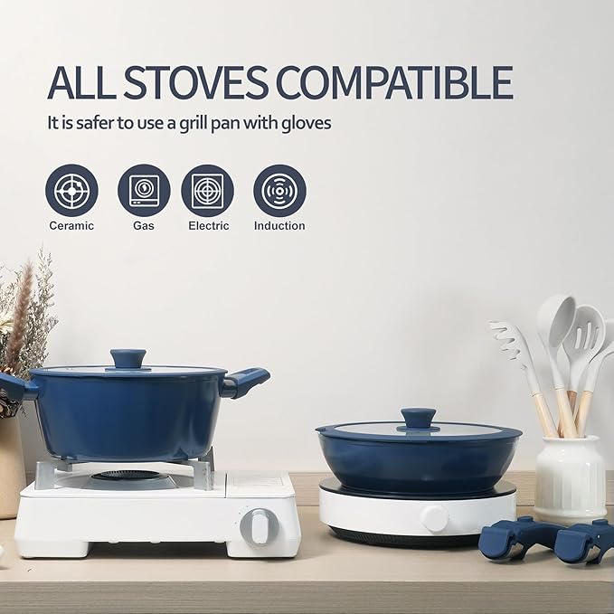 23pcs Ceramic Pots and Pans Set, Nonstick Detachable Handle Cookware, Induction Kitchen Cooking Set with Removable Handle,include Frying Pans & Saucepans Oven Safe(Blue)