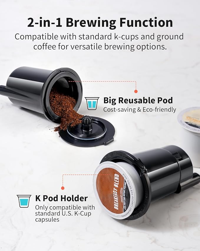 Single Serve Coffee Maker – Hot & Iced, K Cup & Ground Compatible, Reusable Pod Filter, 6–16oz Brew Sizes, 40oz Water Tank, Easy-to-Use, Black