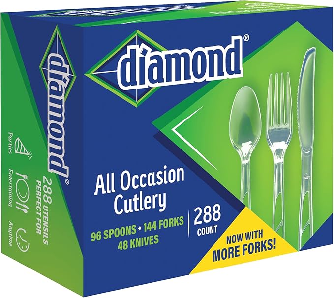 288 Count Diamond® Premium Clear Full-Size Cutlery - Includes 144 Forks, 96 Spoons, 48 Knives, Disposable Plastic Utensils, Plasticware, Silverware