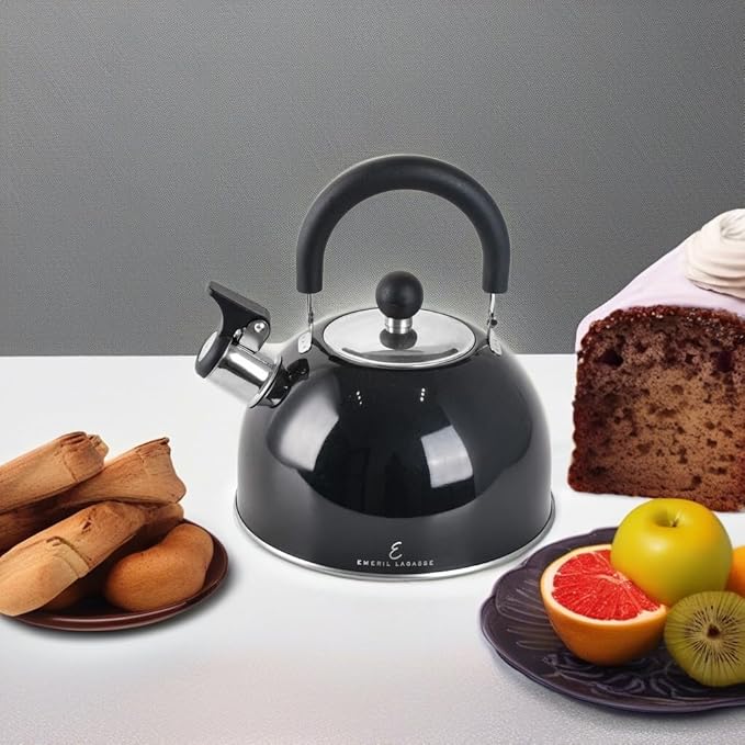 Emeril Lagasse 2.6 Quart/2.5 Liter Whistling Tea Kettle, Stainless Steel Tea Pot for Induction Stove Top, Fast to Boil Water for Home Kitchen Condo, with Ergonomic Cool Folding Grip Handle, Black