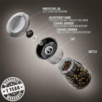 HOME EC Original Stainless Steel Salt or Pepper Grinder 1pk - Adjustable Ceramic Sea Salt Grinder or Pepper Mill - Tall Glass Spice Shaker - Spice Mill w/EBook