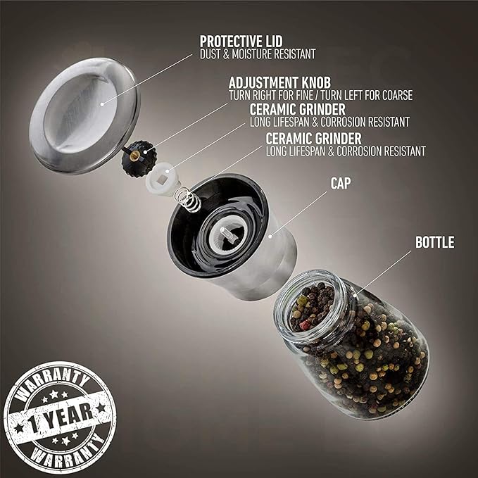 HOME EC Original Stainless Steel Salt or Pepper Grinder 1pk - Adjustable Ceramic Sea Salt Grinder or Pepper Mill - Tall Glass Spice Shaker - Spice Mill w/EBook