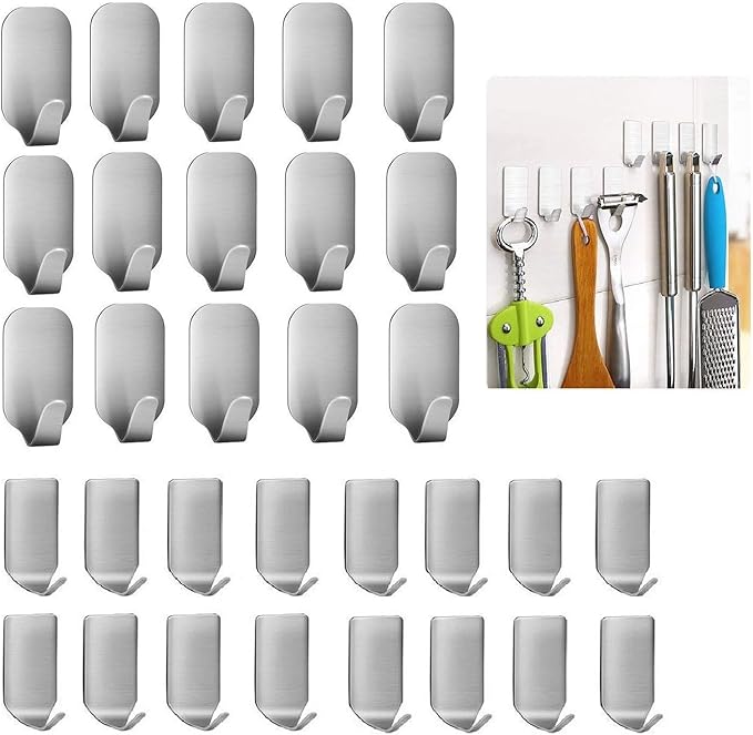 Adhesive Hooks, 32-Pack Heavy Duty Wall Hooks Stainless Steel Waterproof Hangers for Kitchen, Bathroom, Bags, Towel, Coat, Keys, Robe, Home, Offices (16 Small + 16 Big) (Hooks - 32p)