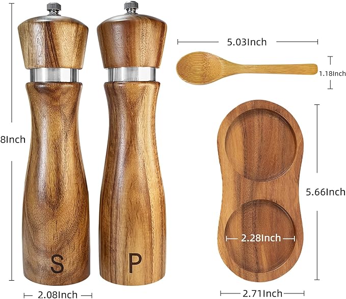 Wooden Salt and Pepper Grinder Set:Pepper Grinder Manual,Adjustable Coarseness,Crafted of Acacia Wood with Ceramic/Stainless Steel Core|Along with Salt&Pepper Mill Tray,Spoon,8in,2pack