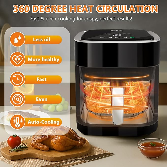 Glass Air Fryer with 8-in-1 Preset Cook Modes, 4.5 QT Transparent Viewing Pot, Non-Toxic, Dishwasher Safe, 97% Less Oil, Precise Temperature Control & Timer, Stainless Tray & Silicon Coaster Included
