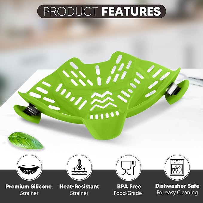 Clip On Strainer, Pot Strainer for Pasta, Vegetables, Fruit and Meat- Kitchen Silicone Strainer Colander for All Pots, Pans and Bowls (Green)