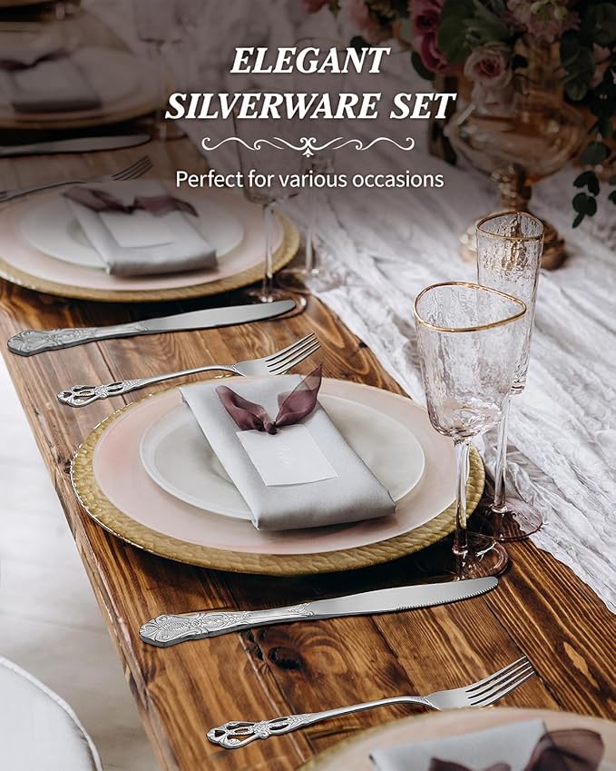 24 Pieces Silverware Set for 4, Retro Royal Flatware Set with Steak Knives, Gorgeous Stainless Steel Cutlery Utensil Set Include Forks Spoons and Knives, Mirror Finish,Dishwasher Safe