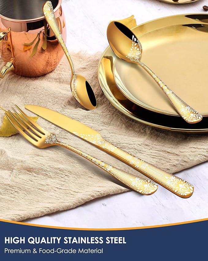 EUIRIO 48-Piece Gold Silverware Set with Steak Knives, Gold Flatware Set for 8, Stainless Steel Cutlery, Knives, Forks and Spoons, Unique Pattern Design, Mirror Polish, Dishwasher Safe