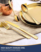 EUIRIO 48-Piece Gold Silverware Set with Steak Knives, Gold Flatware Set for 8, Stainless Steel Cutlery, Knives, Forks and Spoons, Unique Pattern Design, Mirror Polish, Dishwasher Safe