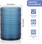 MOLIGOU 6 Pcs Embossed Drinking Glasses, 15oz Vintage Highball Glasses, Beaded Glass Drinking Cups (Blue)