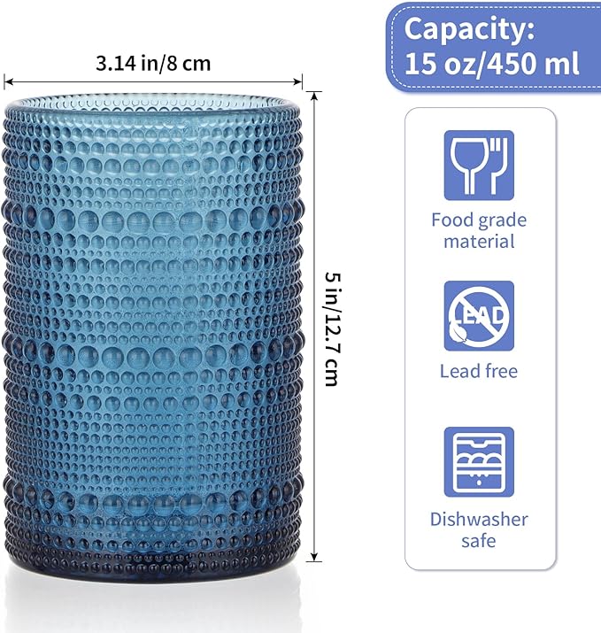 MOLIGOU 6 Pcs Embossed Drinking Glasses, 15oz Vintage Highball Glasses, Beaded Glass Drinking Cups (Blue)