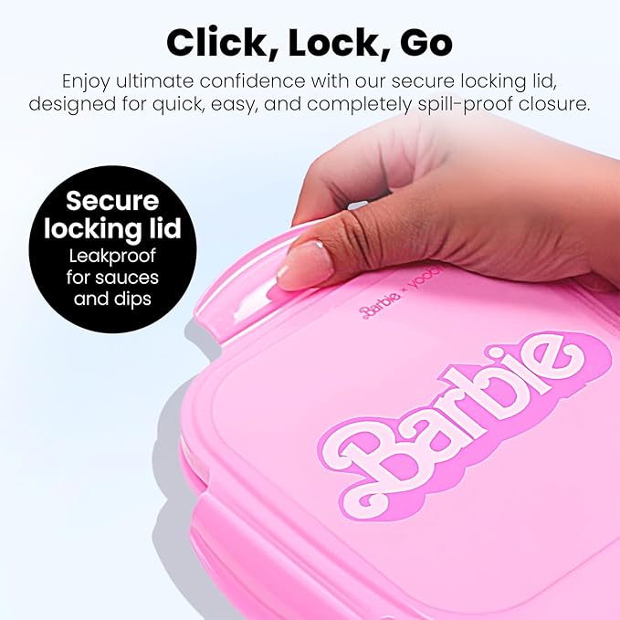 Yoobi Barbie X Pink Bento Box & Ice Pack – 3 Compartment Lunch Box, Dishwasher & Microwave Safe Food & Snack Container for Kids & Tweens – BPA & PVC Free Leakproof