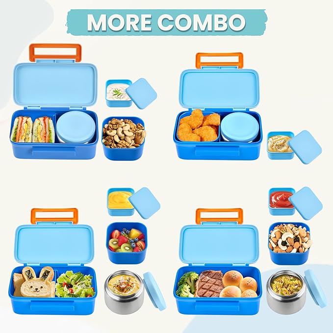 Kids Lunch Bento Box with Thermo Ice Pack Food Container with Insulated Lunch Bag, Insulated Water Bottle with Straw for Girls Boys, Blue