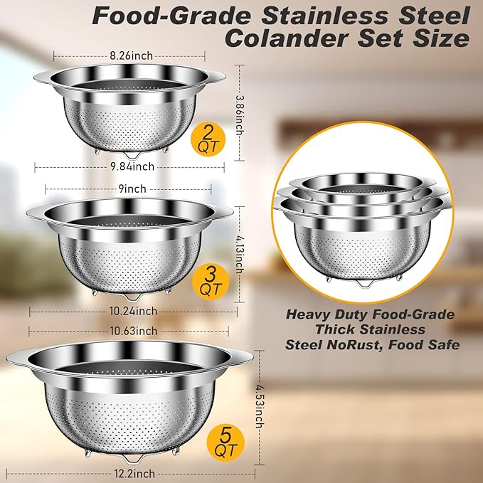 Colander, Stainless Steel Colander for Kitchen, 3Pcs Kitchen Gadget Food Strainer Basket with Handle, Kitchen Strainer Colanders Bowl for Pasta Noodles Spaghetti Vegetables Fruit (2QT, 3QT, 5QT)