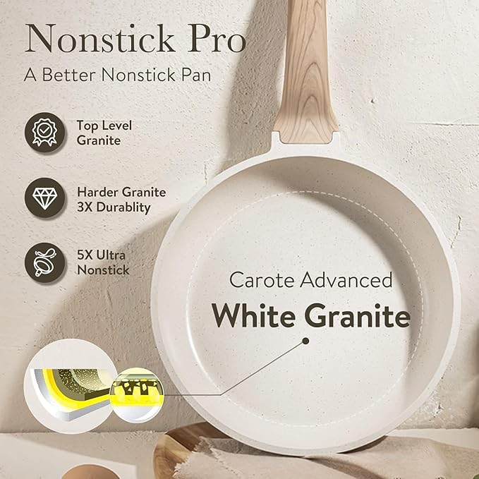 CAROTE 8 Inch Non Stick Frying Pan with Lid,White Granite Nonstick Skillet Omelet Pans, Egg Pan Granite Cookware, PFOS & PFOA Free