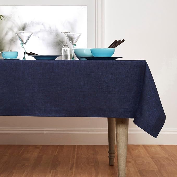 Solino Home Linen Tablecloth 60 x 90 Inch - 100% Pure Linen Chambray Navy Table Cloth for Rectangle Tables - Athena, Machine Washable Tablecloth for Summer, Fall, Autumn