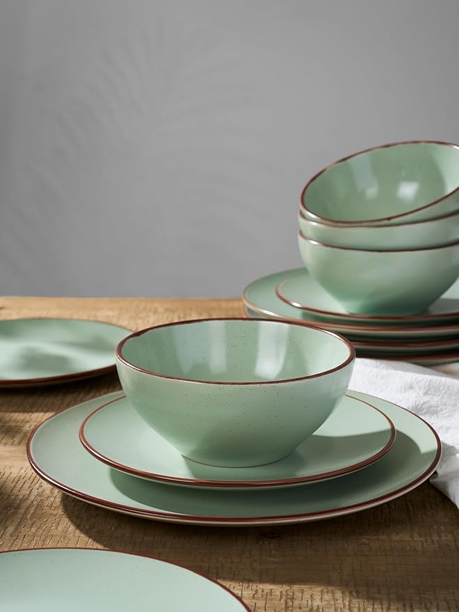 Famiware Venus Plates and Bowls Sets, 12 Pieces Stoneware Speckled Dinnerware Sets, Dishes Set for 4, Microwave and Dishwasher Safe, Matte Light Green