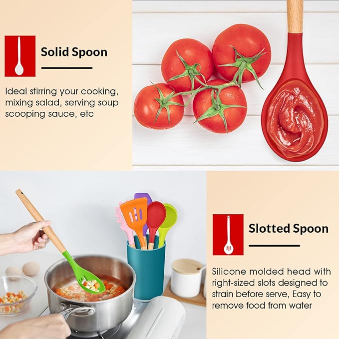 Cooking Utensils Set of 6, E-far Silicone Kitchen Utensils with Wooden Handle, Non-stick Cookware Friendly, Includes Spatula/Ladle/Slotted Turner/Serving Spoon/Spaghetti Server(Multi-colored)