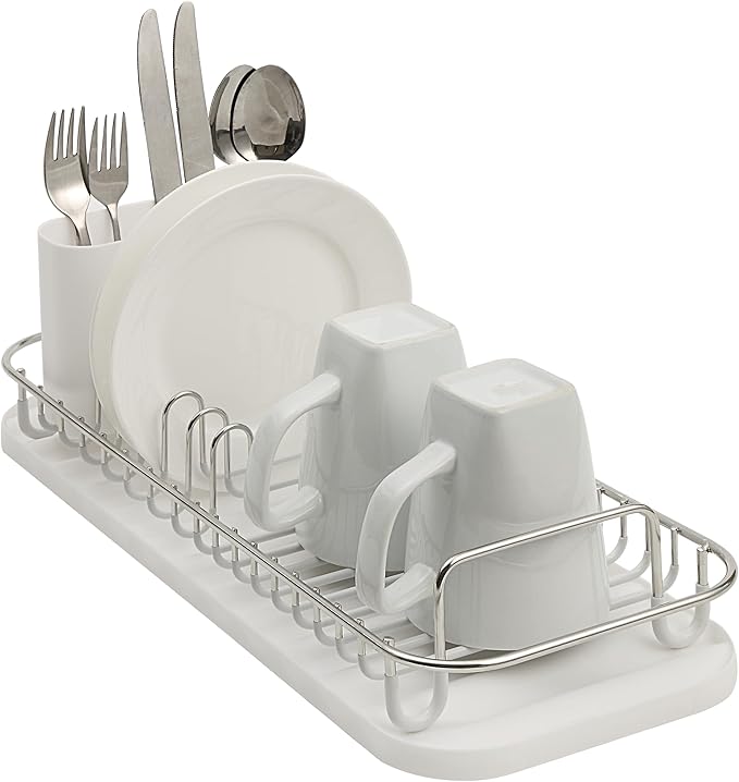 SunnyPoint 304 Stainless Steel NeverRust Compact Dish Drying Rack with Utensil Holder & Removable Drain Tray, Rustproof Small Dish Rack for Kitchen Countertop or Over Sink (Metallic Silver, Compact)