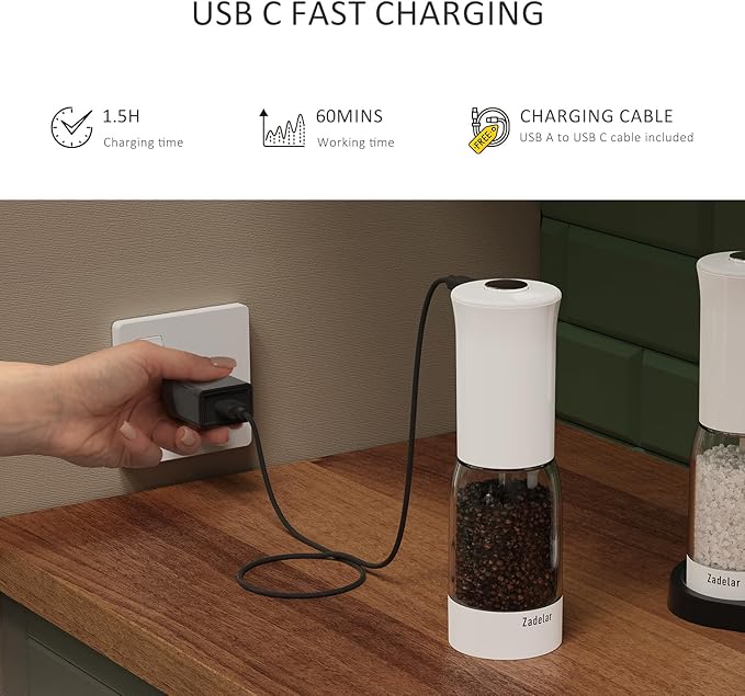 Electric Salt and Pepper Grinder Set with LED Power Display,Larger Capacity Salt and Pepper Shakers Set Rechargeable Electric with Flexible Coarsenes,LED Light,One Hand Operation for Kitchen(White)