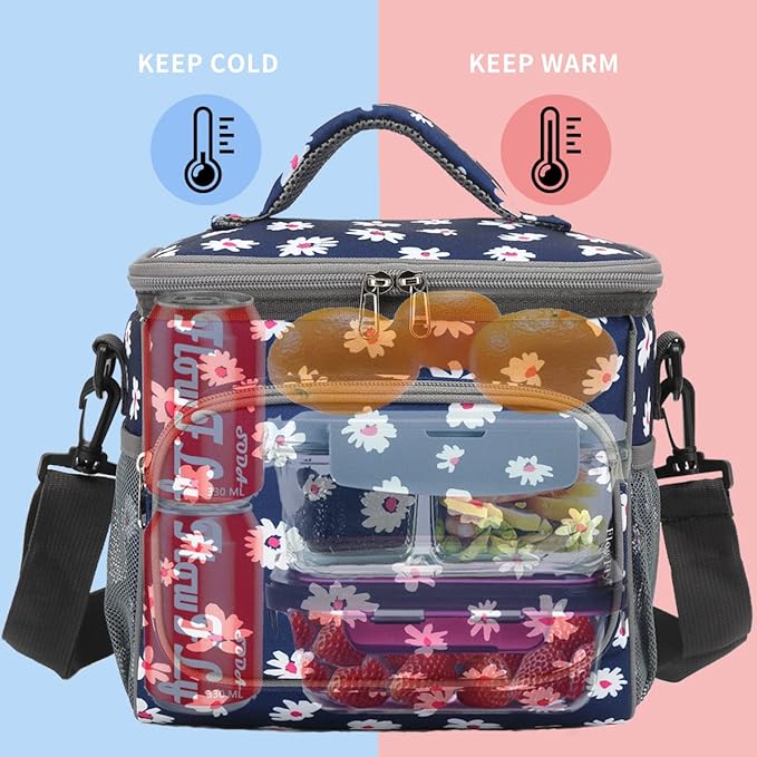FlowFly Insulated Reusable Lunch Bag Adult Large Lunch Box for Women and Men with Adjustable Shoulder Strap,Front Zipper Pocket and Dual Large Mesh Side Pockets,Daisy