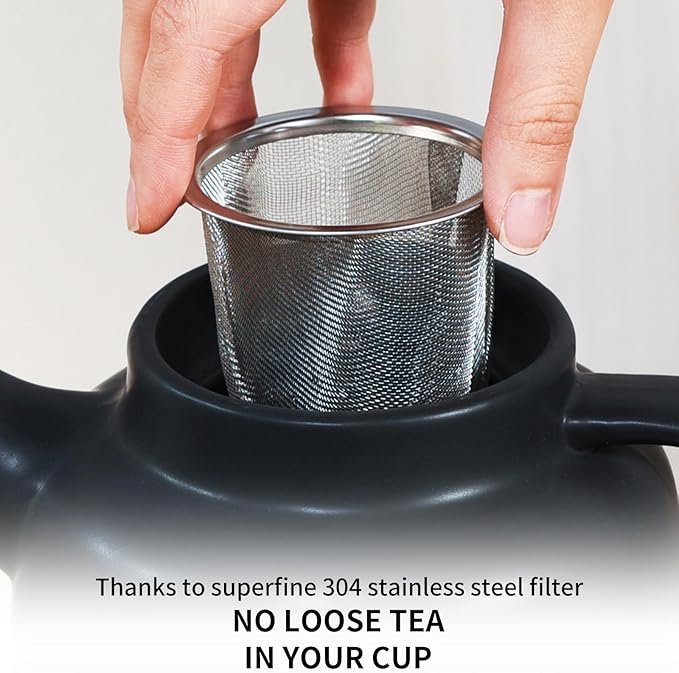 Yundu 1500ml / 50 oz Ceramic Teapot with Infuser & Wood Lid - Matte Black, Loose Leaf Tea Pot with Removable Strainer, Large Capacity